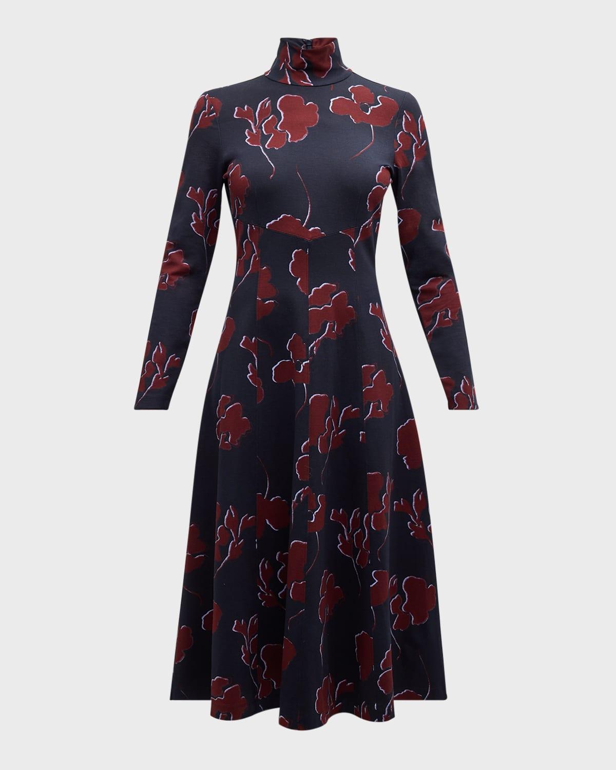 thea long-sleeve floral turtleneck midi dress