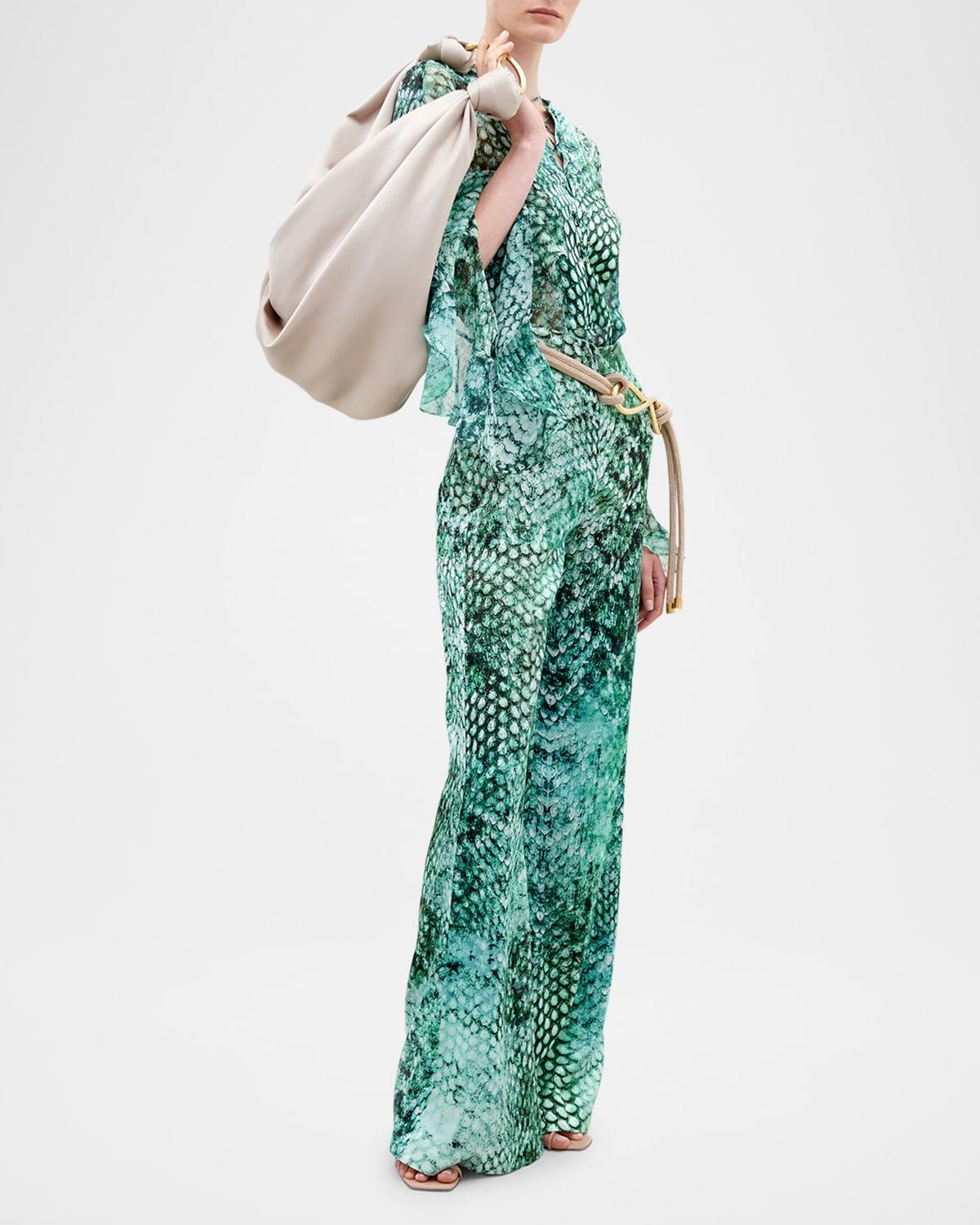thea snakeskin-print silk laced flare-sleeve blouse