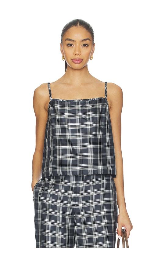 theory bind strap plaid top in navy.