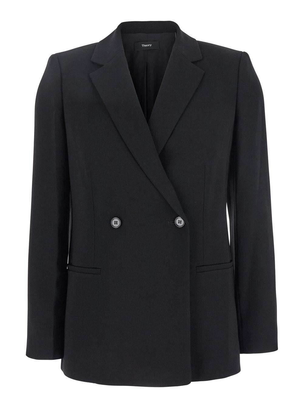 theory black double breasted jacket with shoulder pads in tech fabric woman