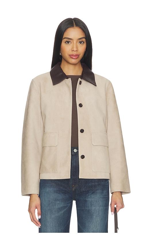 theory patch boxy jacket in tan.