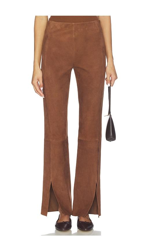 theory slit pant in brown.