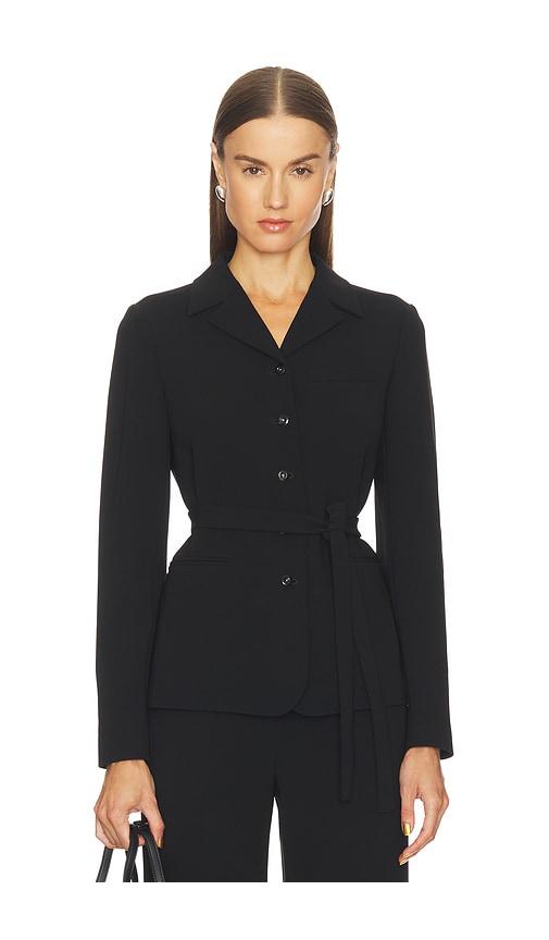 theory tie waist crepe jacket in black.