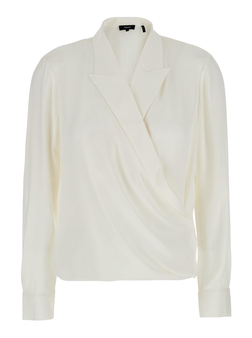 theory white blouse with peak revers and crossover neck in silk woman