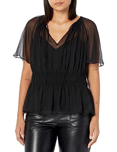 theory womens tie-neck raglan top in silk crinkle blouse, black, medium us