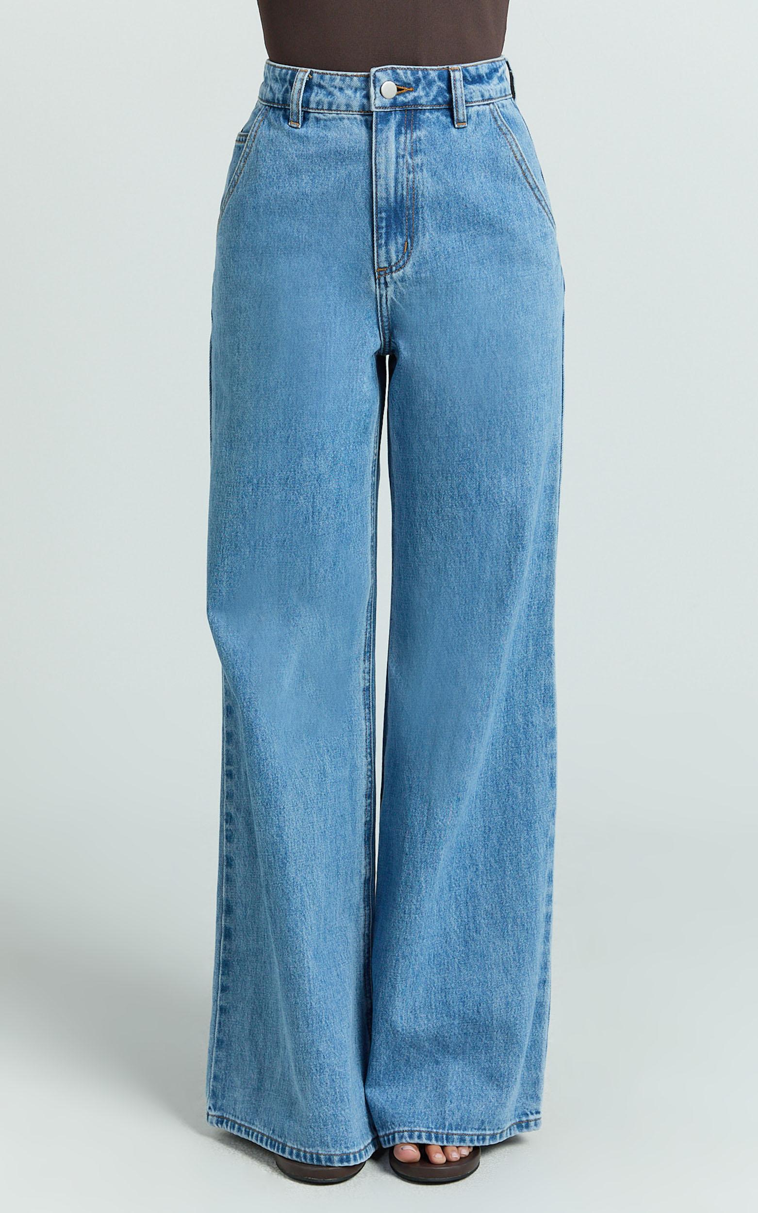 therese jeans - high waist wide leg flare recycled denim jeans in light mid
