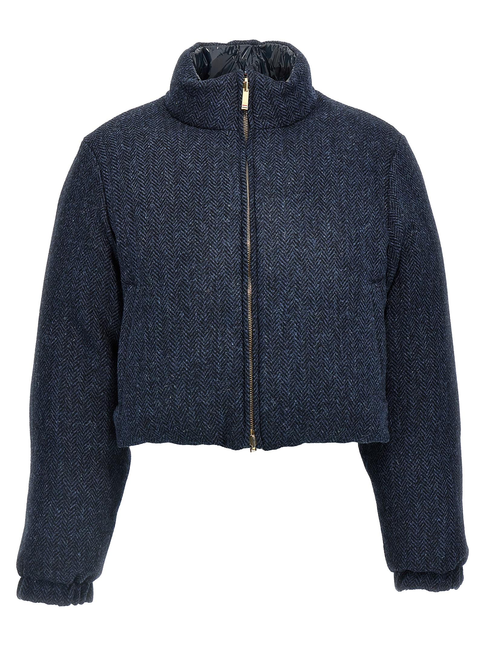 thom browne herringbone harris tweed reversible down jacket blue wool jacket, parka, casual - women