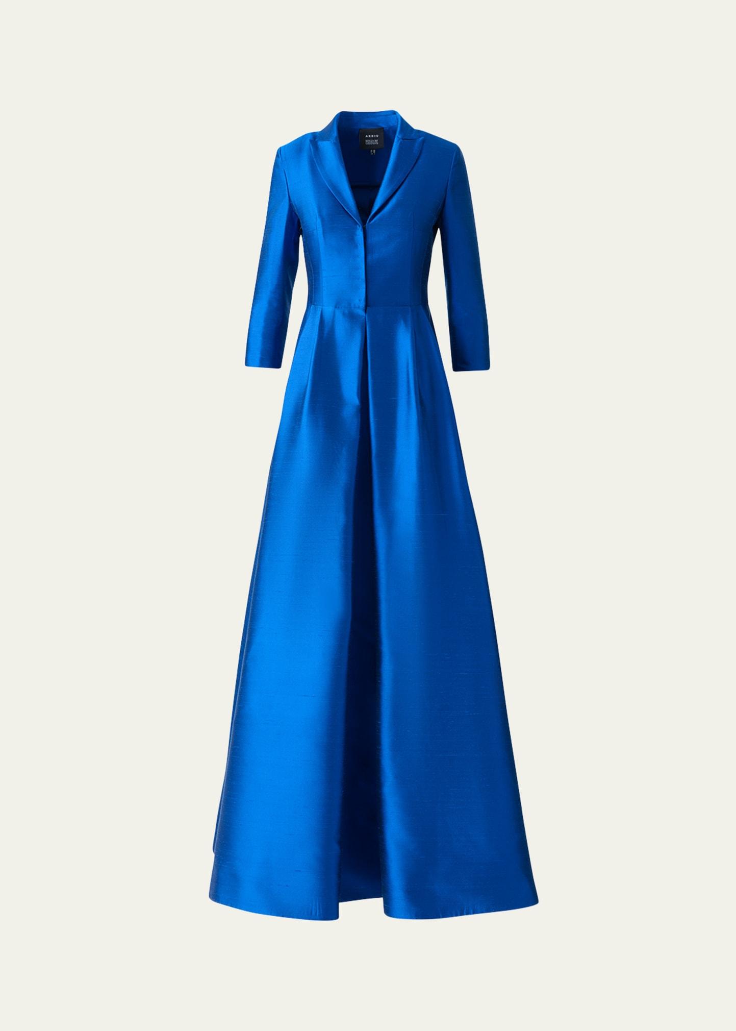 three-quarter sleeve flared long silk coat dress
