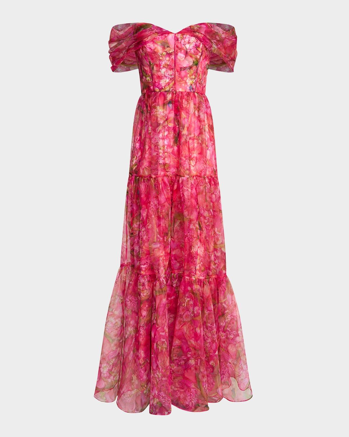 tia tiered off-shoulder organza gown