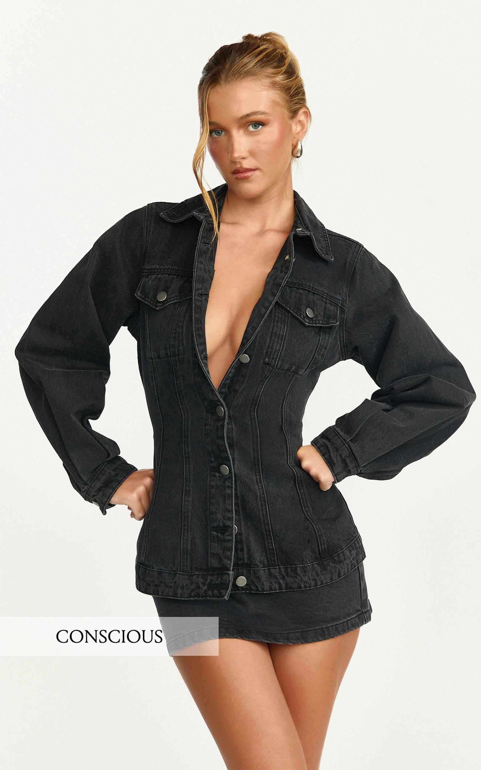 tianna jacket - long sleeve contoured recycled denim jacket in washed black