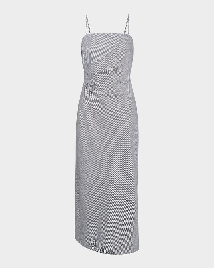 ticking stripe draped strapless midi dress