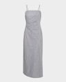 ticking stripe draped strapless midi dress