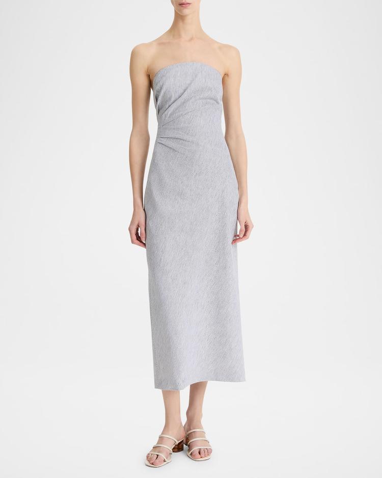 ticking stripe draped strapless midi dress
