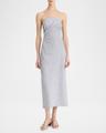 ticking stripe draped strapless midi dress