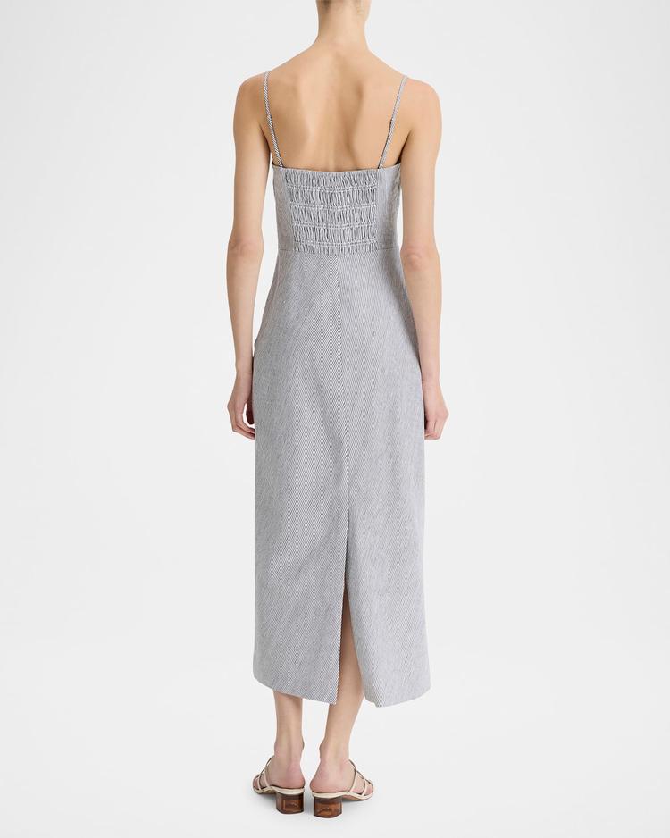 ticking stripe draped strapless midi dress