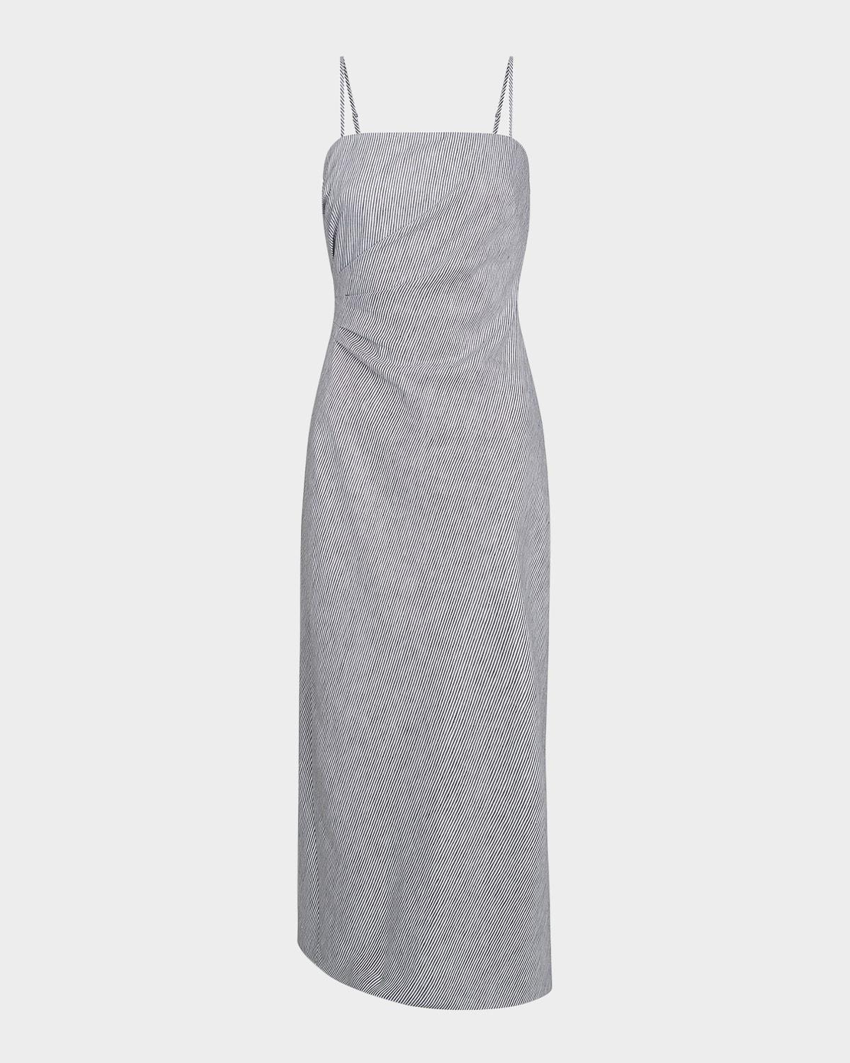 ticking stripe draped strapless midi dress