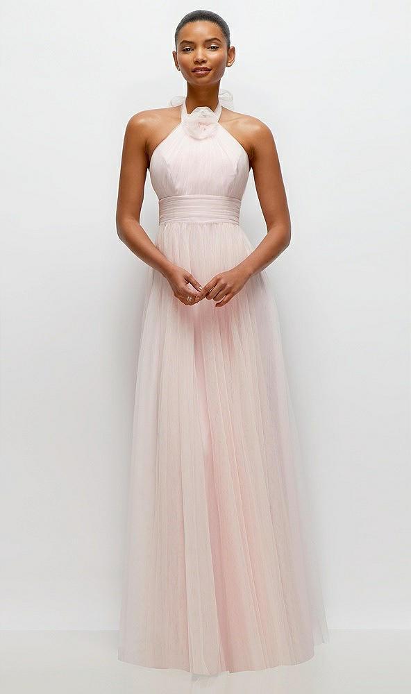 tie-back halter tulle maxi dress with full skirt & rosette detail