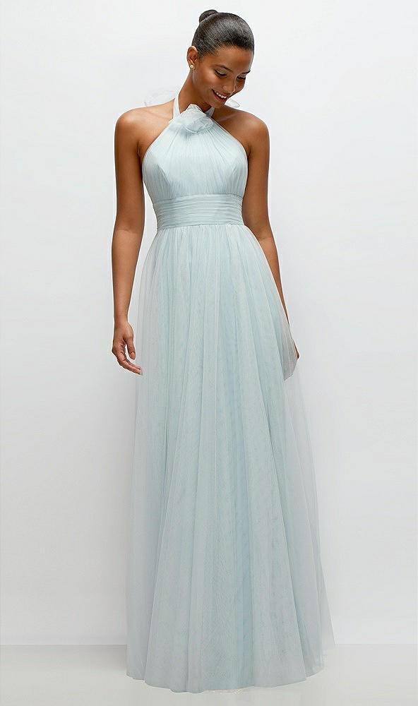 tie-back halter tulle maxi dress with full skirt & rosette detail