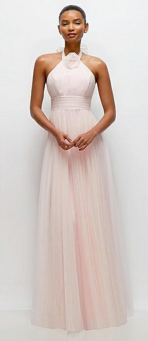 tie-back halter tulle maxi dress with full skirt & rosette detail