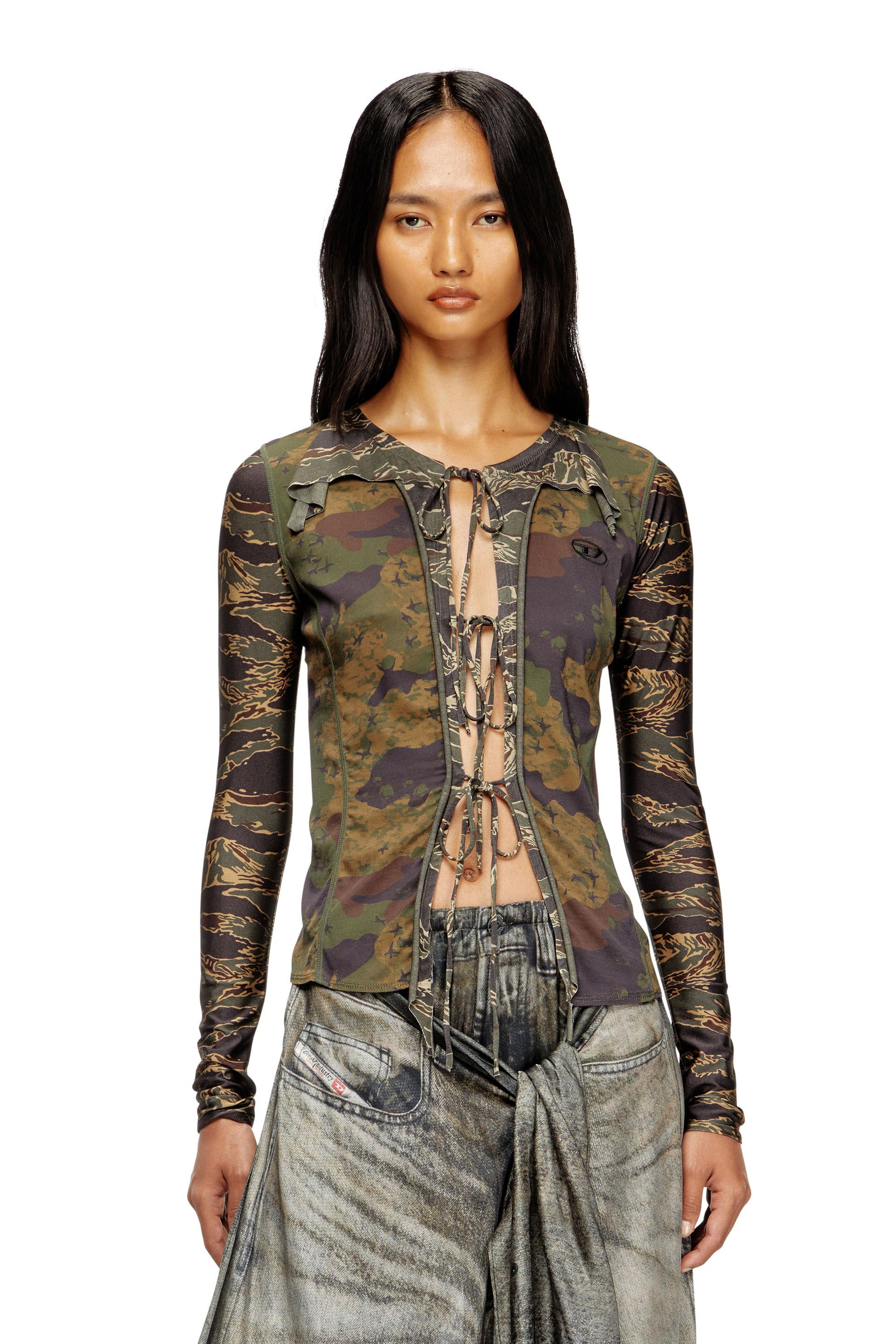 tie cardigan with mixed camo prints