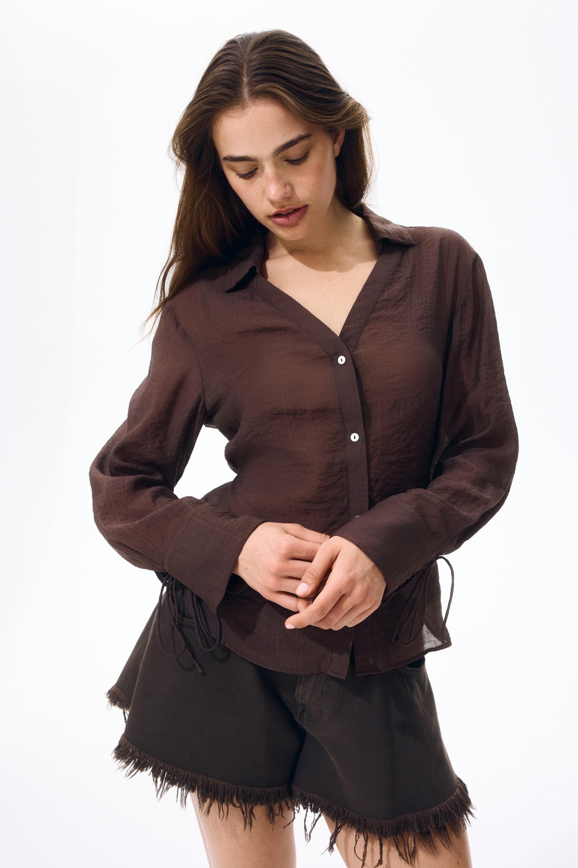 tie-detail linen-blend shirt