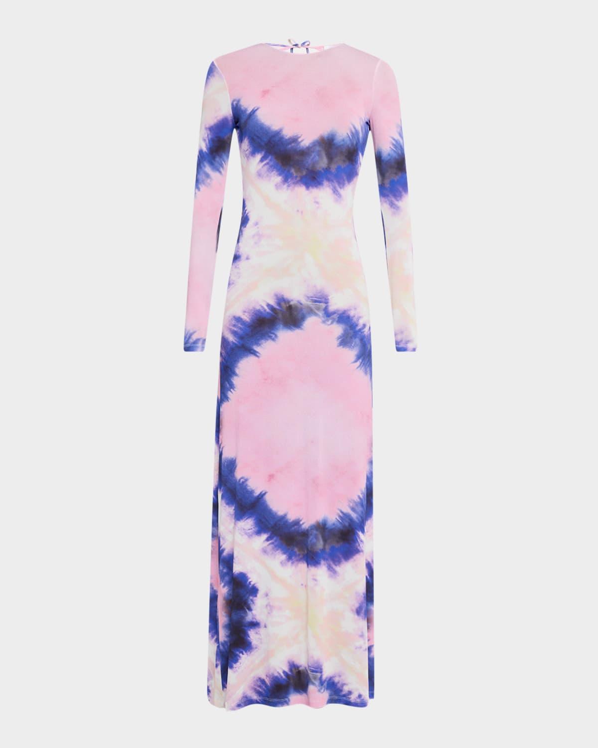 tie-dye jersey backless long-sleeve maxi dress