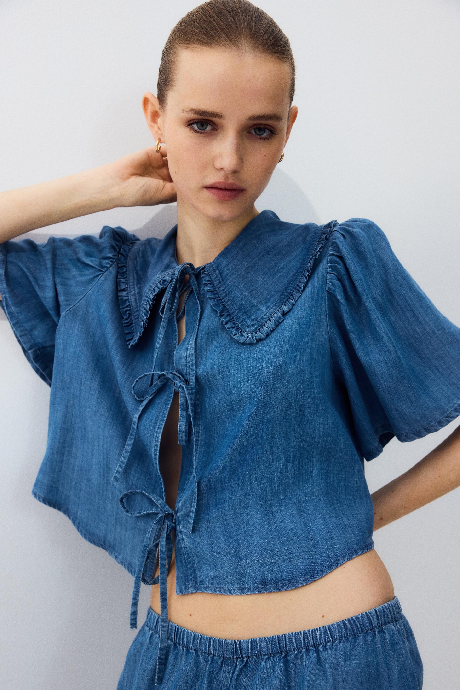 tie-front denim blouse