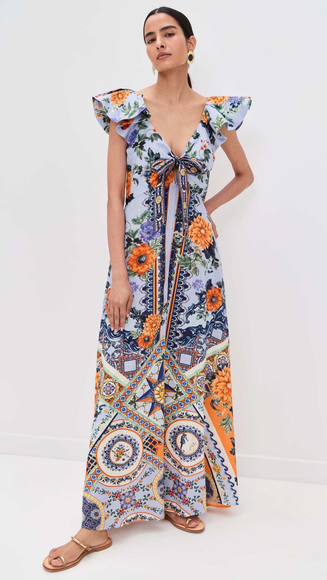 tie front frill sleeve long dress