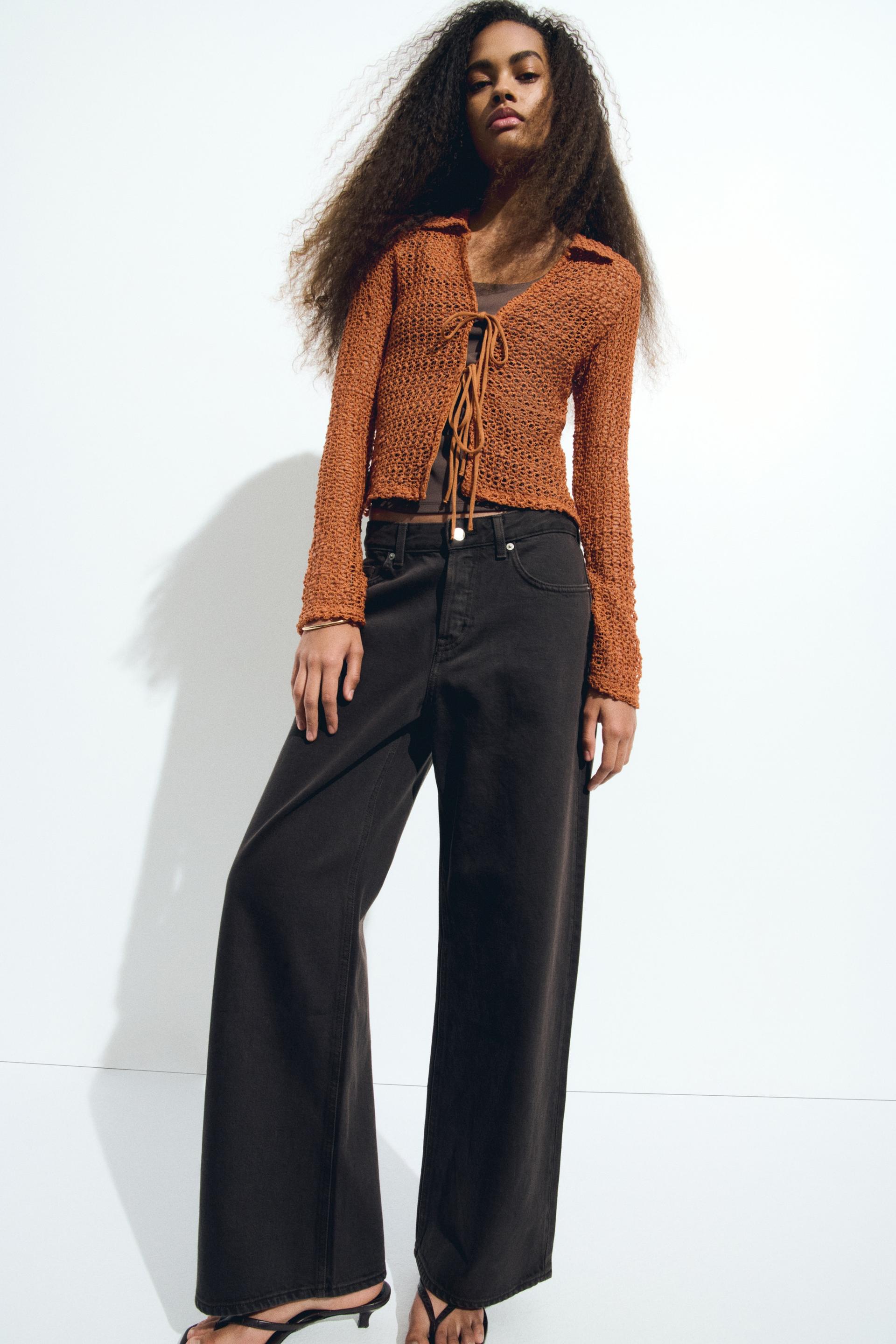tie-front hole-knit top