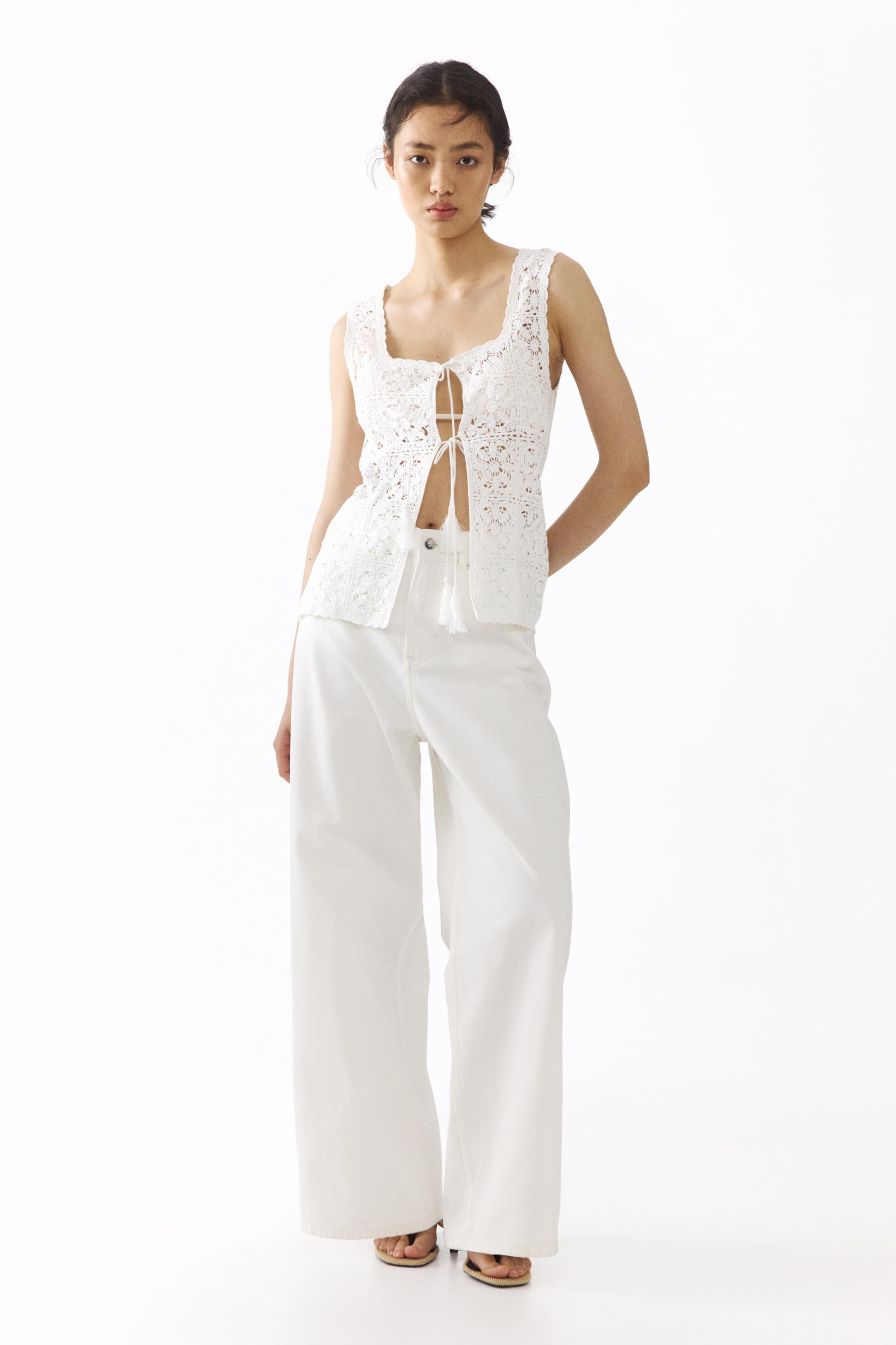 tie-front pointelle-knit top