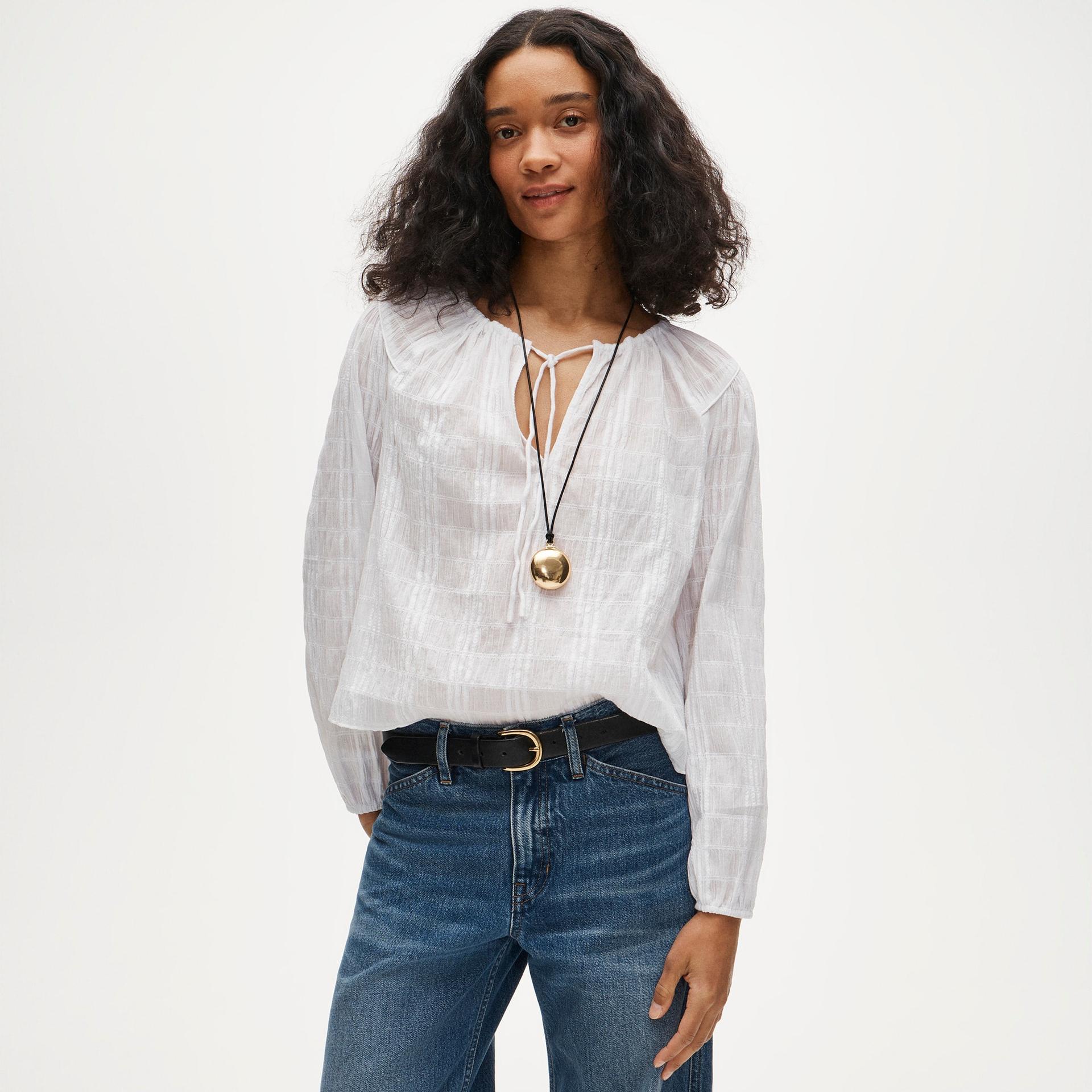 tie-front popover top in gingham seersucker