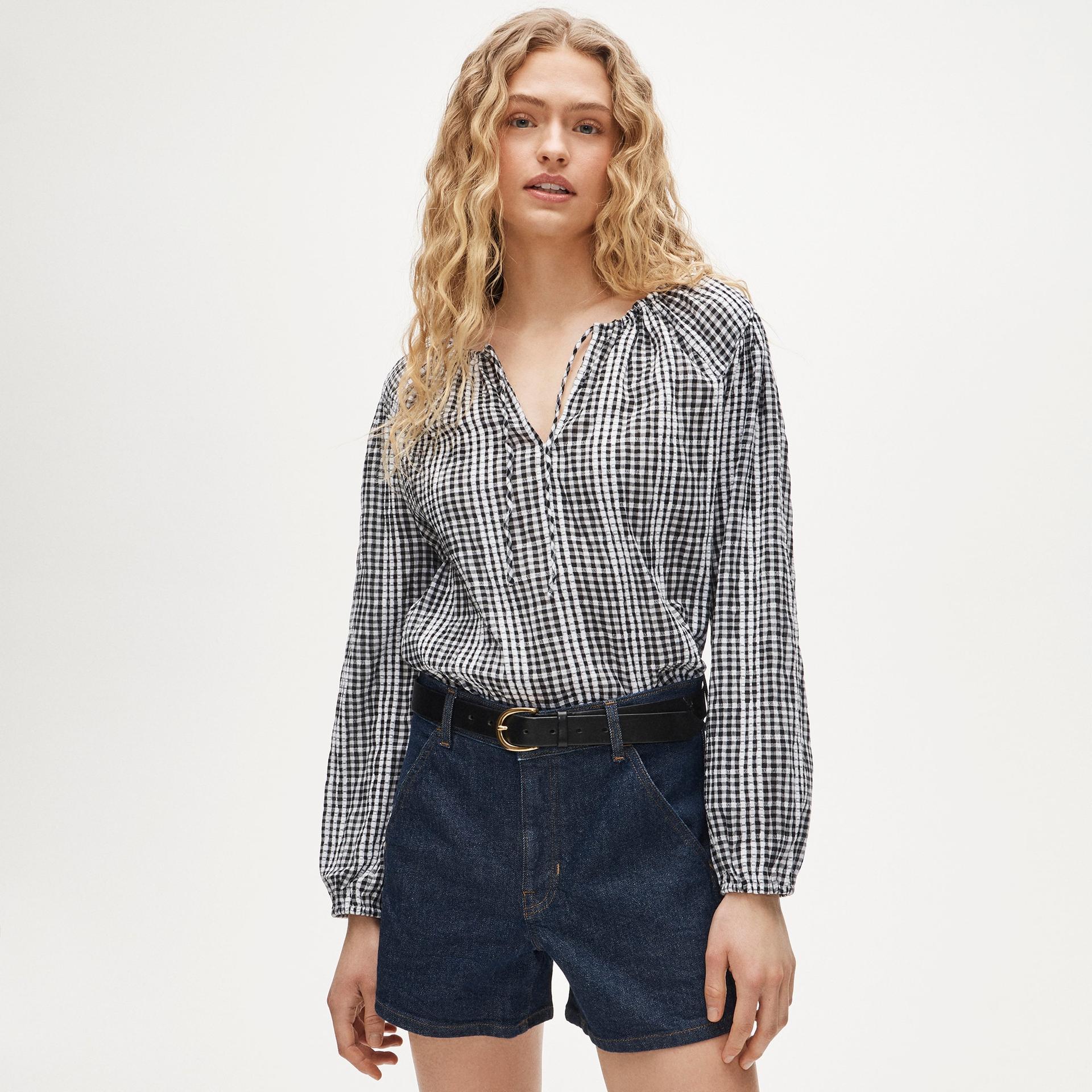 tie-front popover top in gingham seersucker