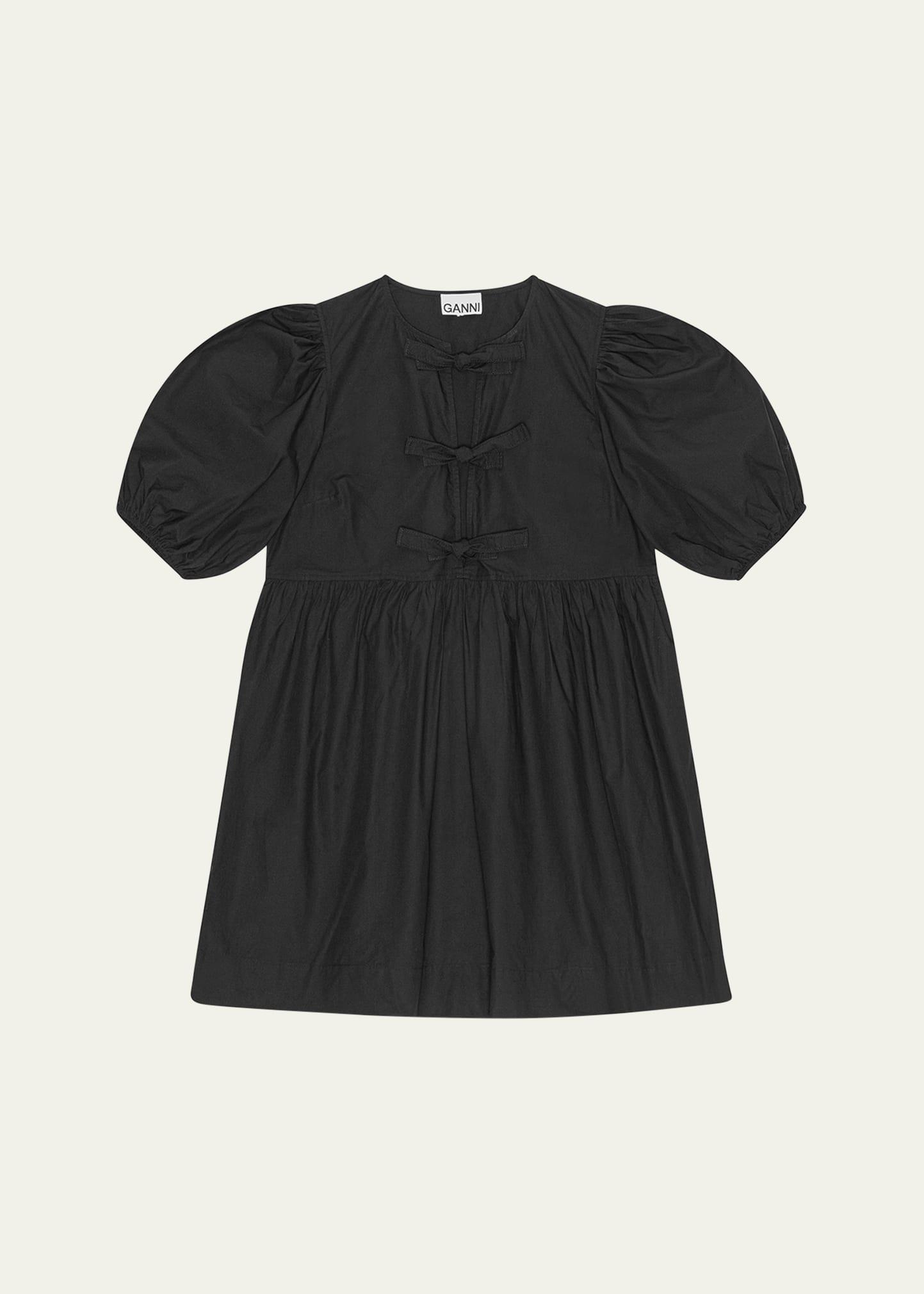 tie-front puff-sleeve poplin mini dress