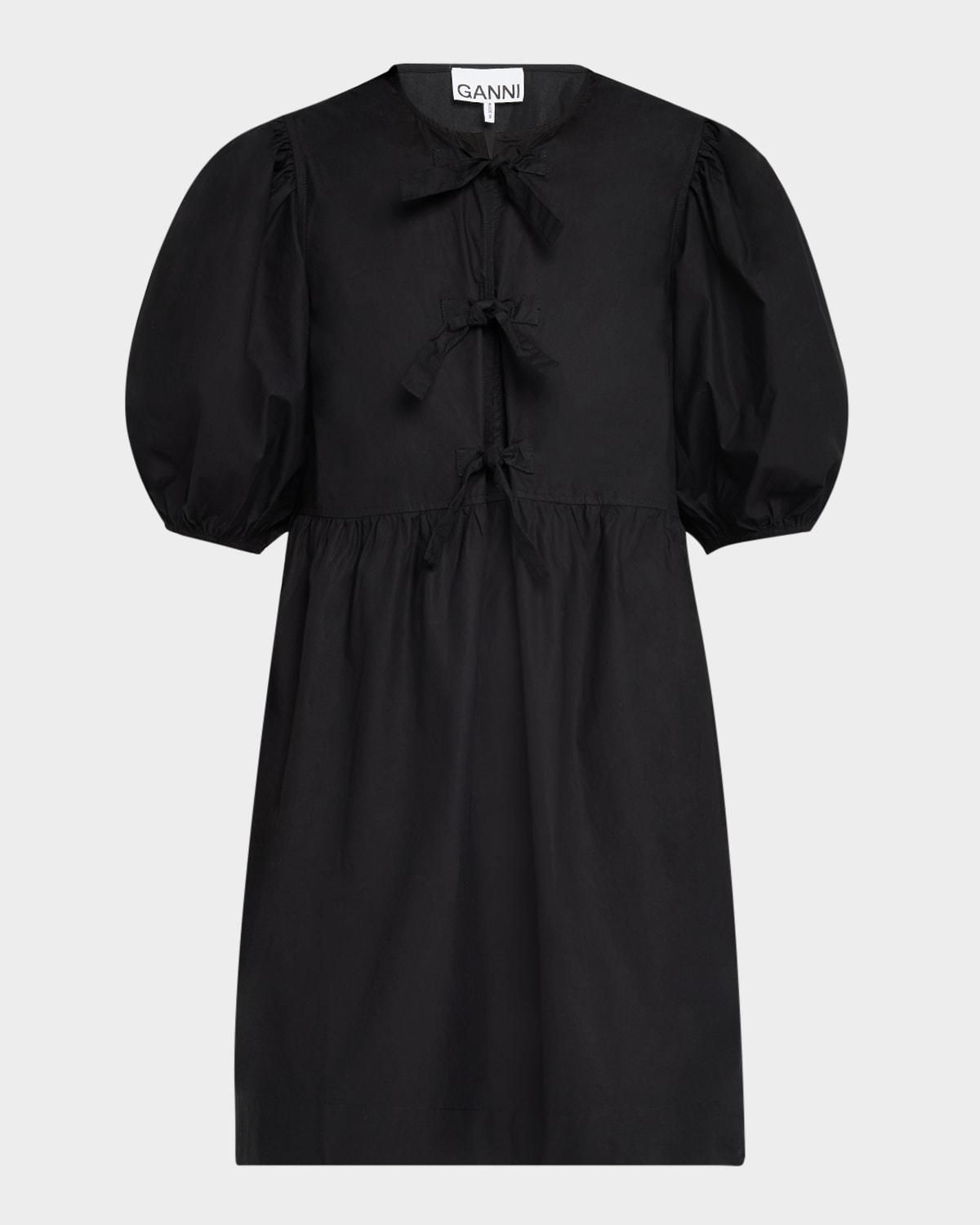 tie-front puff-sleeve poplin mini dress