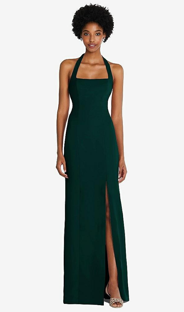 tie halter open back trumpet gown