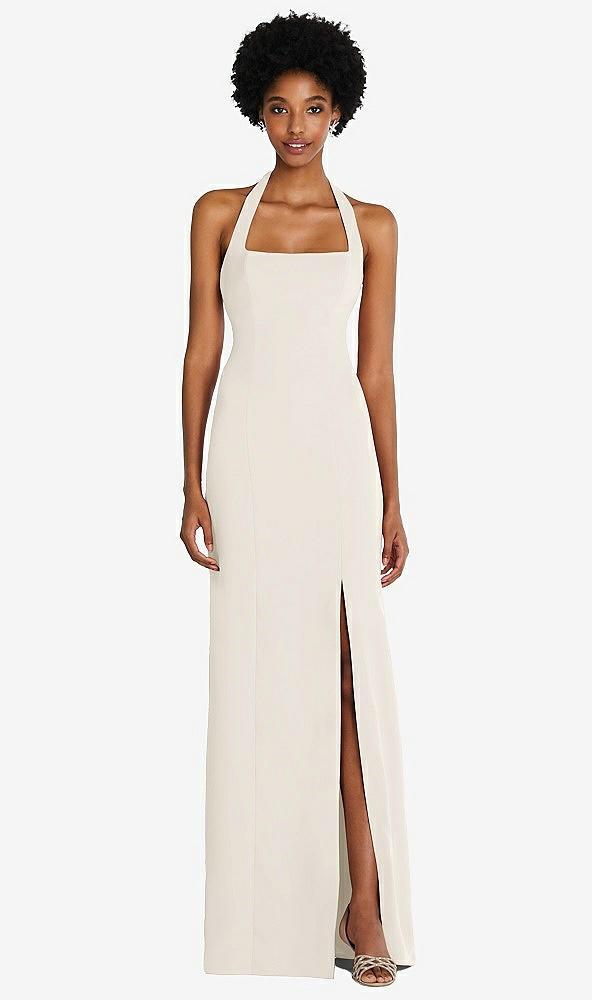 tie halter open back trumpet gown