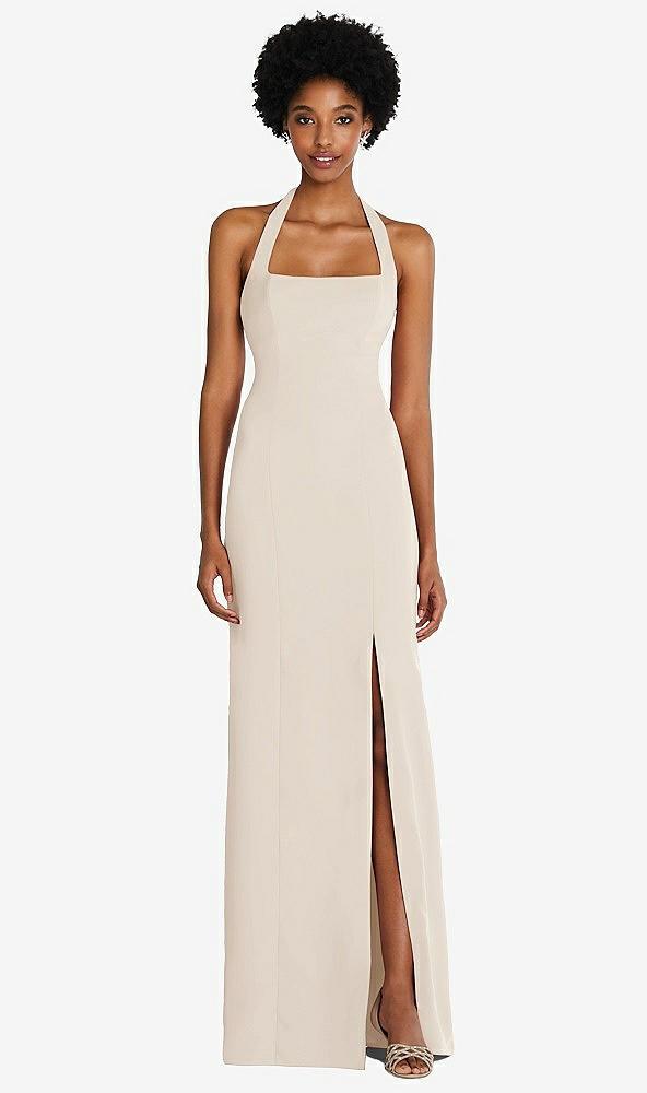 tie halter open back trumpet gown