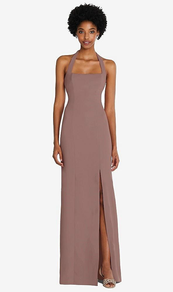 tie halter open back trumpet gown