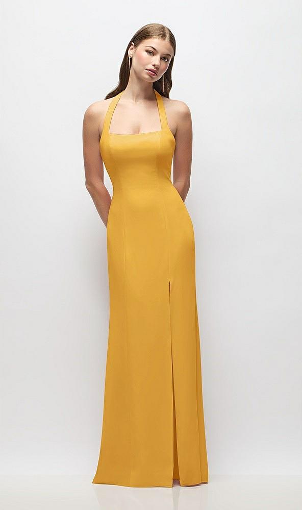 tie halter open back trumpet gown