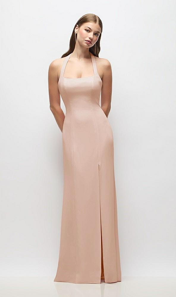 tie halter open back trumpet gown
