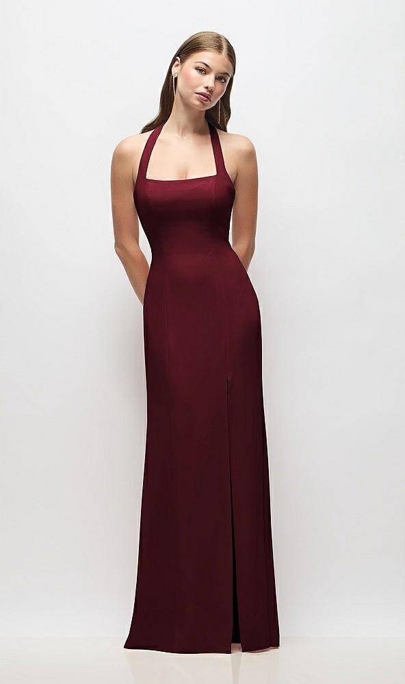 tie halter open back trumpet gown
