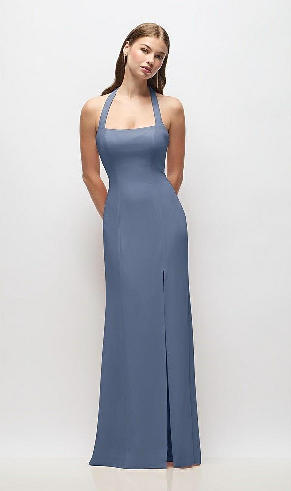 tie halter open back trumpet gown