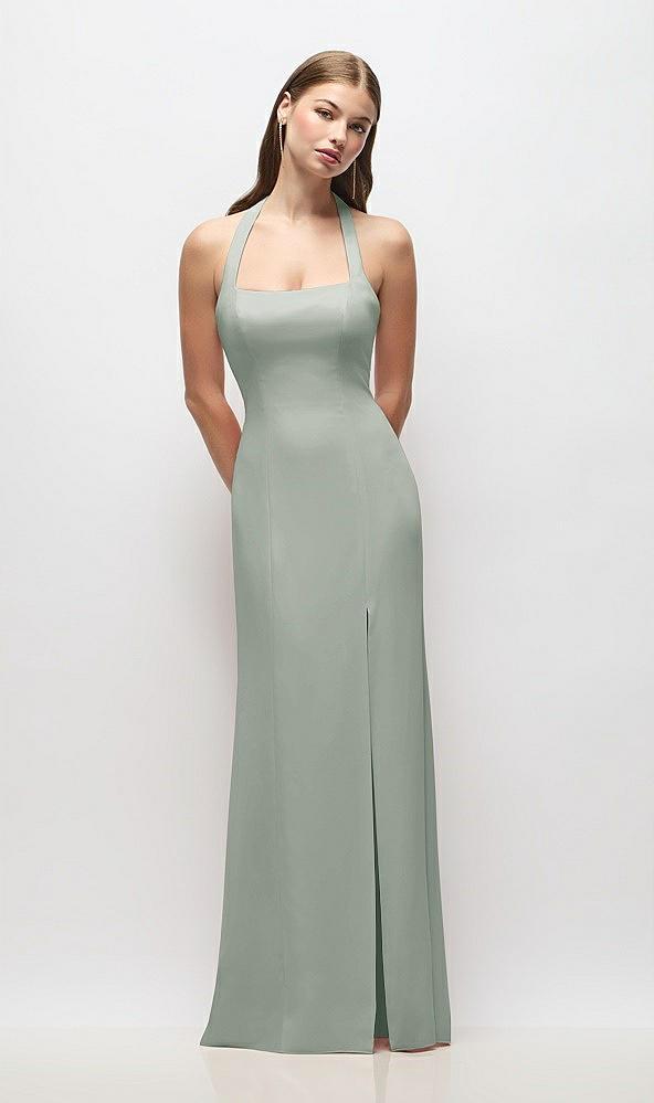 tie halter open back trumpet gown