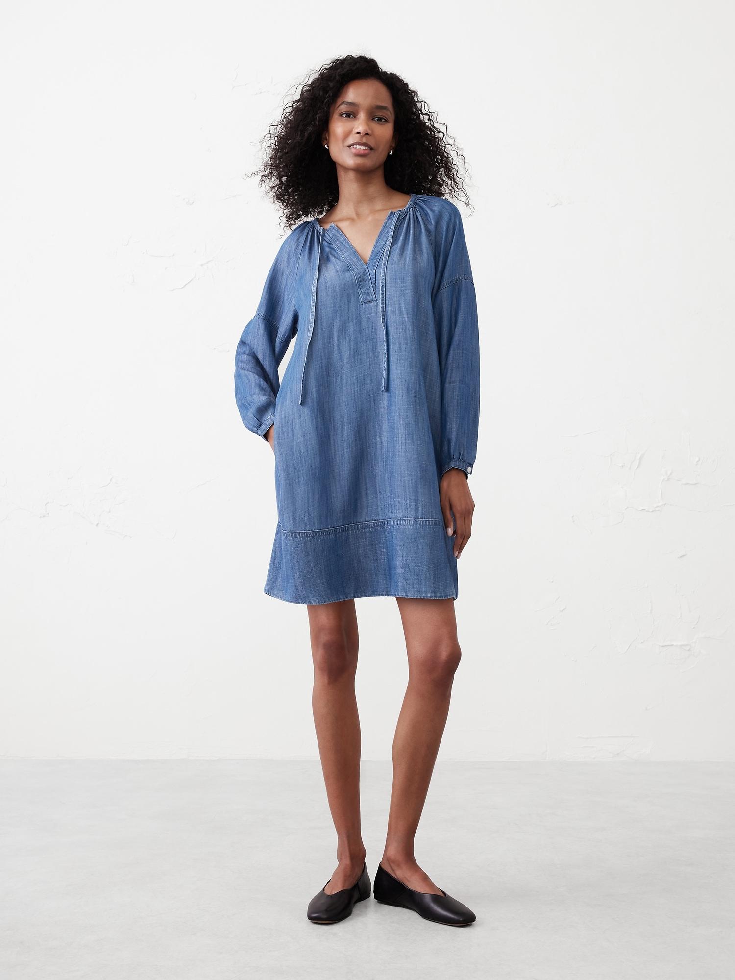 tie-neck chambray mini dress
