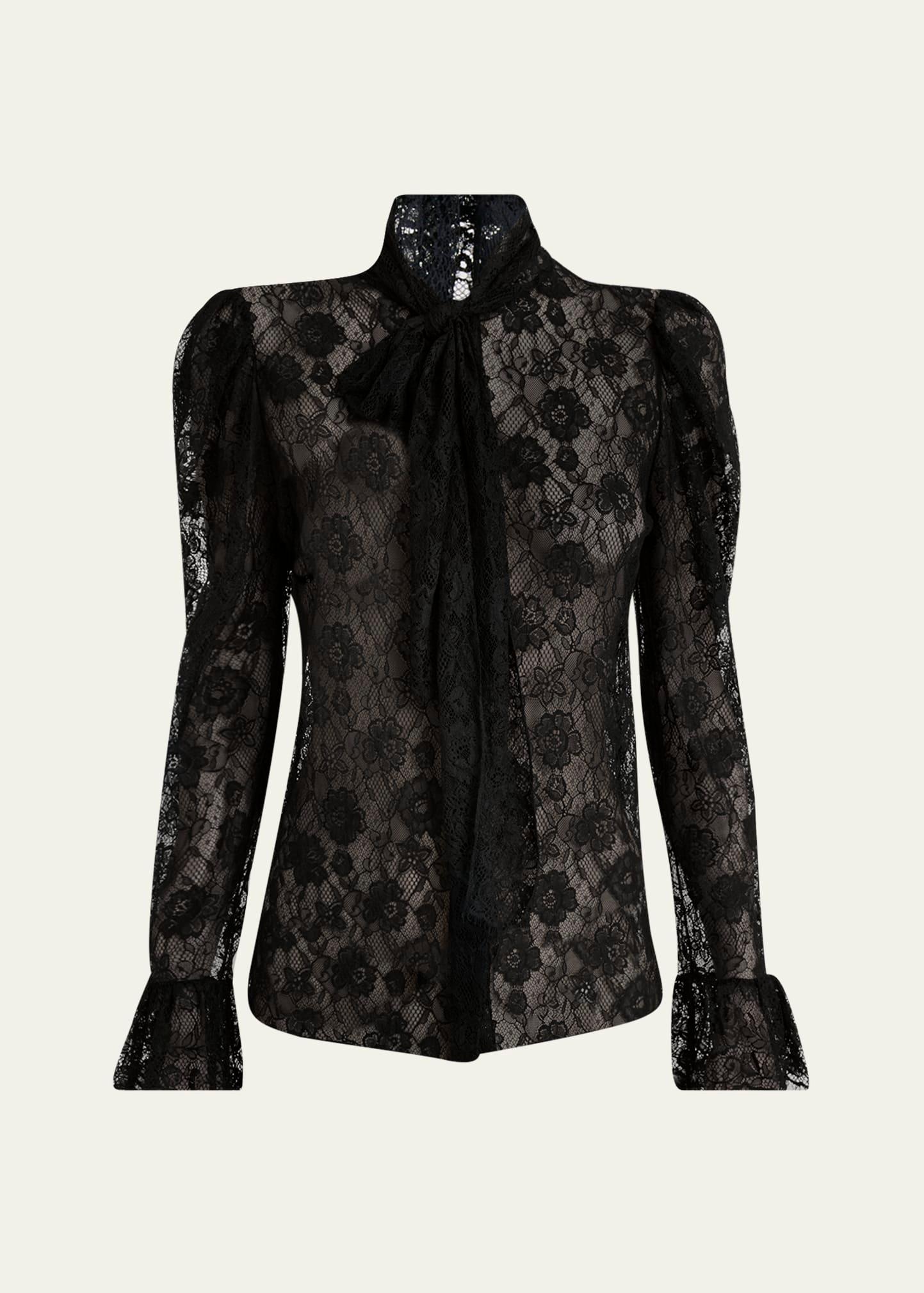 tie-neck lace button-down blouse
