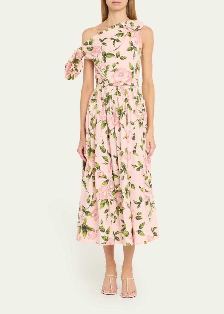 tie off-the-shoulder english roses poplin midi dress