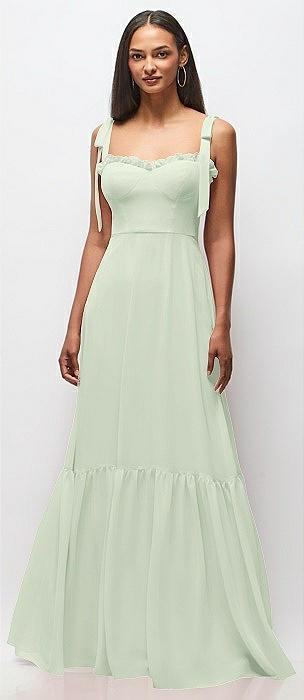 tie-shoulder bustier bodice ruffle-hem maxi dress