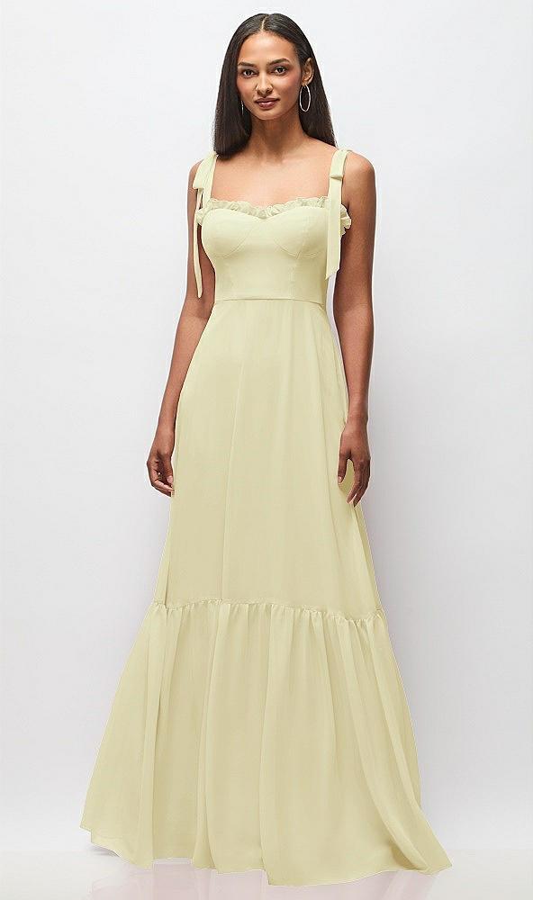 tie-shoulder bustier bodice ruffle-hem maxi dress