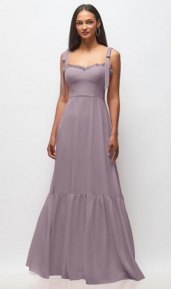 tie-shoulder bustier bodice ruffle-hem maxi dress