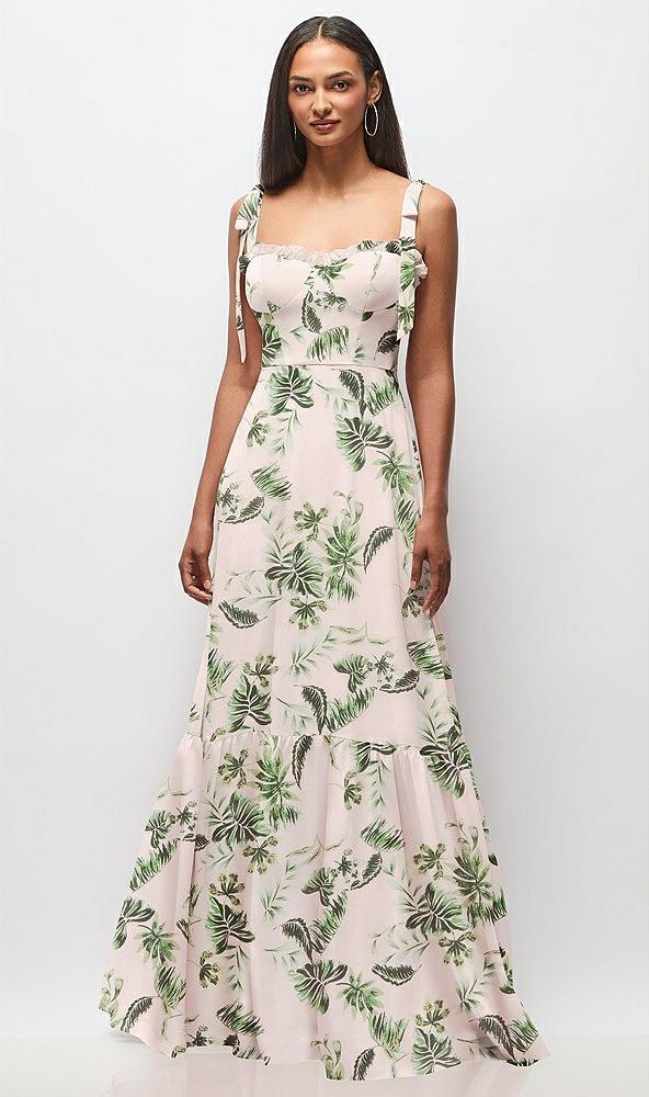 tie-shoulder bustier bodice ruffle-hem maxi dress